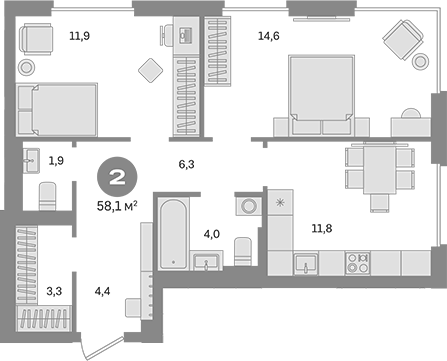 2-комн., 58.1 м², 23/30 этаж, ЖК «Квартал Герцена»