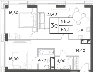 3-комн., 85.1 м², 22/52 этаж, ЖК «Will Towers»