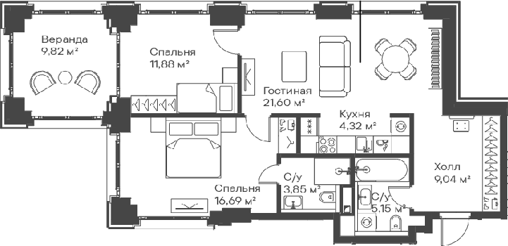 3-комн., 72.53 м², 6/15 этаж, ЖК «Сити Бэй»