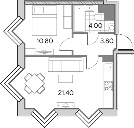 2-комн., 40 м², 23/30 этаж, ЖК «Вейв»