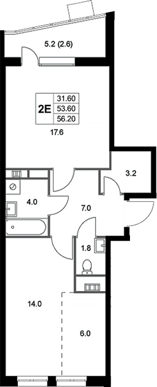 2-комн., 53.6 м², 8/8 этаж, ЖК «Легенда Коренево»