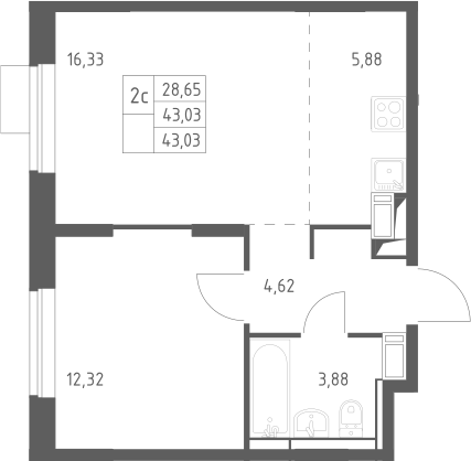 2-комн., 43.03 м², 7/12 этаж, ЖК «Пятницкие Луга»