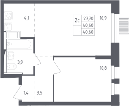 2-комн., 39.6 м², 17/17 этаж, ЖК «Мытищи Парк»