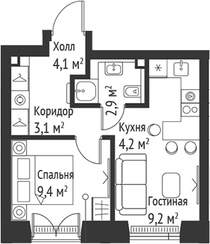 2-комн., 32.9 м², 2/59 этаж, ЖК «СЕТ»
