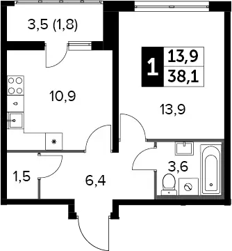1-комн., 36.3 м², 10/24 этаж, ЖК «Южная Битца»