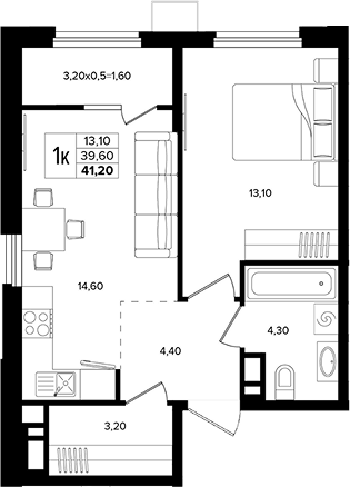 1-комн., 39.6 м², 5/15 этаж, ЖК «Лермонтов Парк»