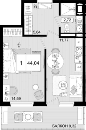 1-комн., 34.72 м², 6/8 этаж, ЖК «IT гостиничный комплекс Корсаков»