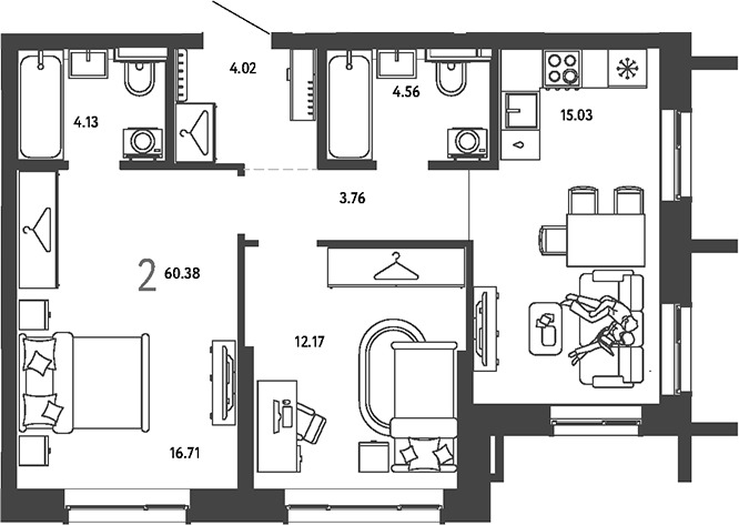 2-комн., 60.38 м², 11/24 этаж, ЖК «Страна.Парковая»