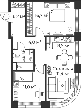 3-комн., 61.5 м², 60/71 этаж, ЖК «Веер»