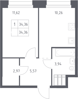 1-комн., 34.36 м², 15/23 этаж, ЖК «Тропарево Парк»
