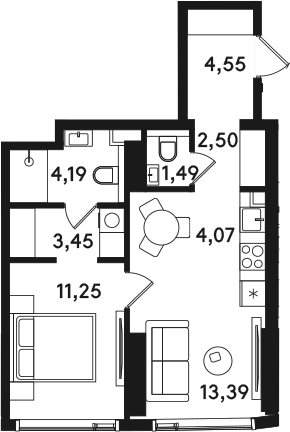 2-комн., 44.89 м², 10/41 этаж, ЖК «СОЛОС»