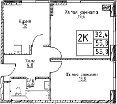 2-комн., 55.8 м², 23/29 этаж, ЖК «Наметкин Тауэр»