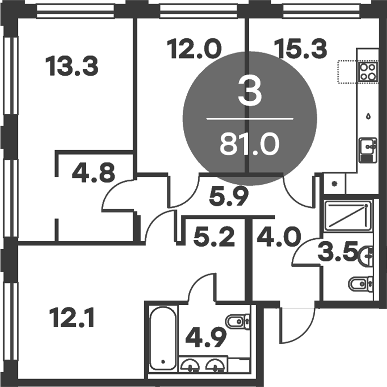 3-комн., 81 м², 2/6 этаж, ЖК «Равновесие»