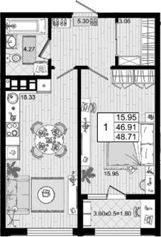 1-комн. квартира, 46.91 м² в ЖК Резиденция морей — фото 2