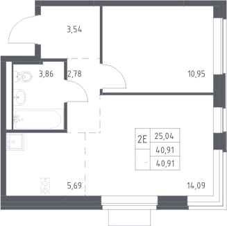 2-комн., 40.91 м², 14/17 этаж, ЖК «Новое Видное»