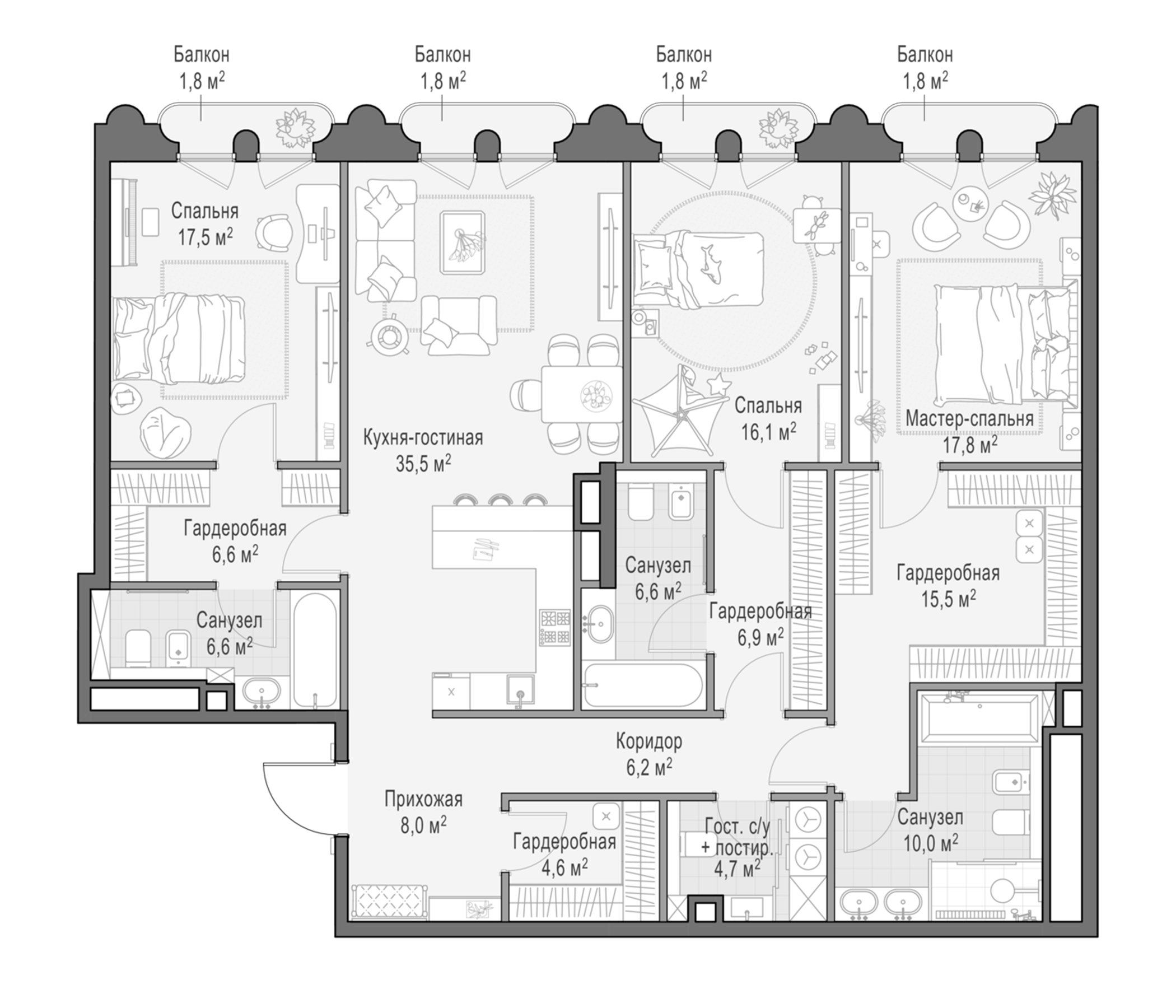 4+ комнаты, 166.7 м², 8/12 этаж, ЖК «Клубный квартал Фрунзенский»