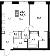 2-комн., 59.5 м², 41/47 этаж, ЖК «Амбер Сити»