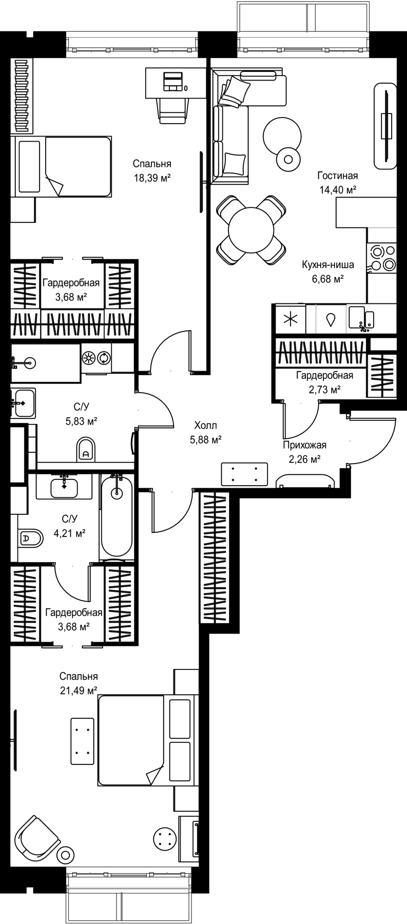 3-комн., 89.23 м², 2/6 этаж, ЖК «МЫС»