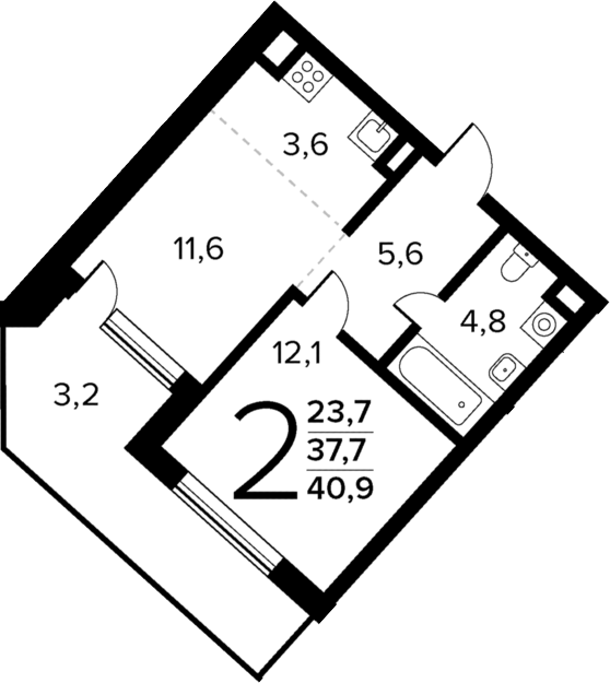 2-комн., 37.7 м², 1/12 этаж, ЖК «Новые Ватутинки Квартал у реки»
