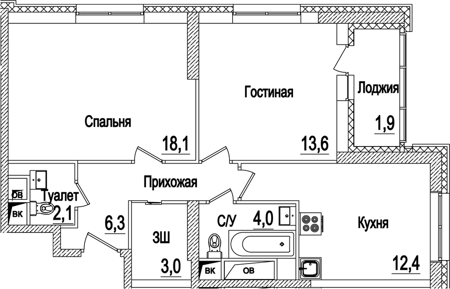 2-комн., 60.1 м², 12/15 этаж, ЖК «Рассказово»