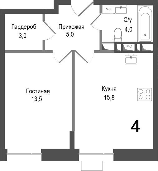 1-комн., 41.1 м², 2/8 этаж, ЖК «Киноквартал»