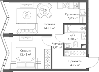 2-комн., 42.86 м², 15/24 этаж, ЖК «МИРА»