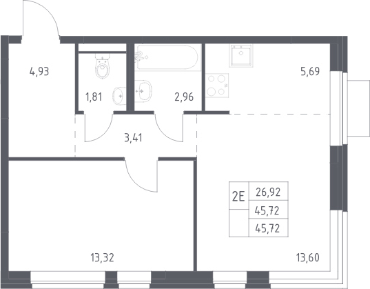 2-комн., 45.72 м², 2/12 этаж, ЖК «Новое Видное»