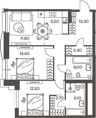 3-комн., 73.9 м², 4/33 этаж, ЖК «Инджой»
