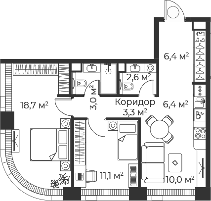3-комн., 61.4 м², 60/71 этаж, ЖК «Веер»