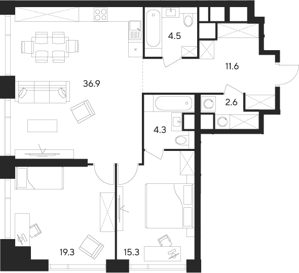 3-комн., 94.5 м², 49/55 этаж, ЖК «Инди Тауэрз от Аквилон»