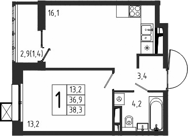 1-комн., 36.9 м², 10/10 этаж, ЖК «Берег»