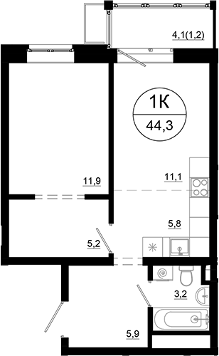 2-комн., 43.1 м², 7/24 этаж, ЖК «Союзный»