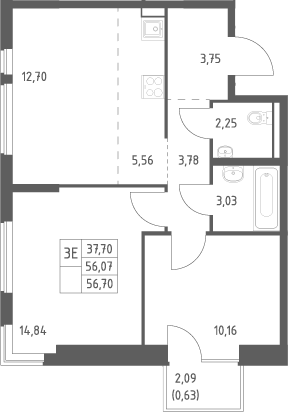 3-комн., 56.07 м², 5/13 этаж, ЖК «Горки Парк»