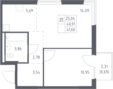2-комн., 40.91 м², 14/17 этаж, ЖК «Мытищи Парк»