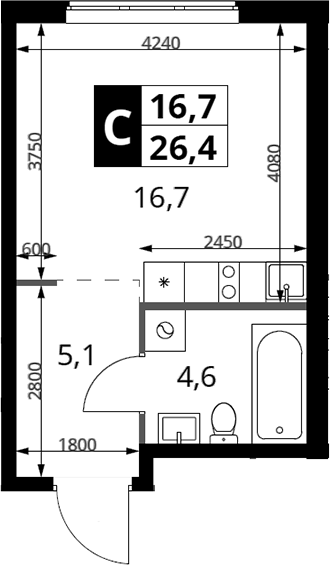 Студия, 26.4 м², 4/23 этаж, ЖК «1-й Измайловский»