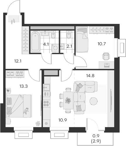 3-комн., 68 м², 2/4 этаж, ЖК «Михалевич»