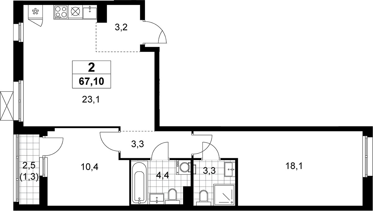 3-комн., 65.8 м², 6/10 этаж, ЖК «Прокшино»