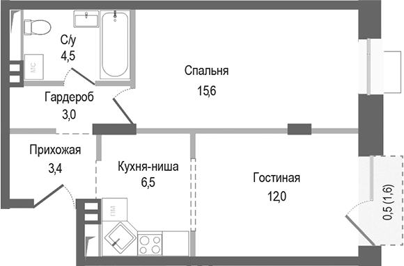 2-комн., 45 м², 3/4 этаж, ЖК «Киноквартал»
