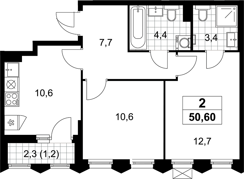 2-комн., 49.4 м², 11/11 этаж, ЖК «Деснаречье»