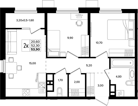 3-комн., 52.3 м², 10/15 этаж, ЖК «Лермонтов Парк»