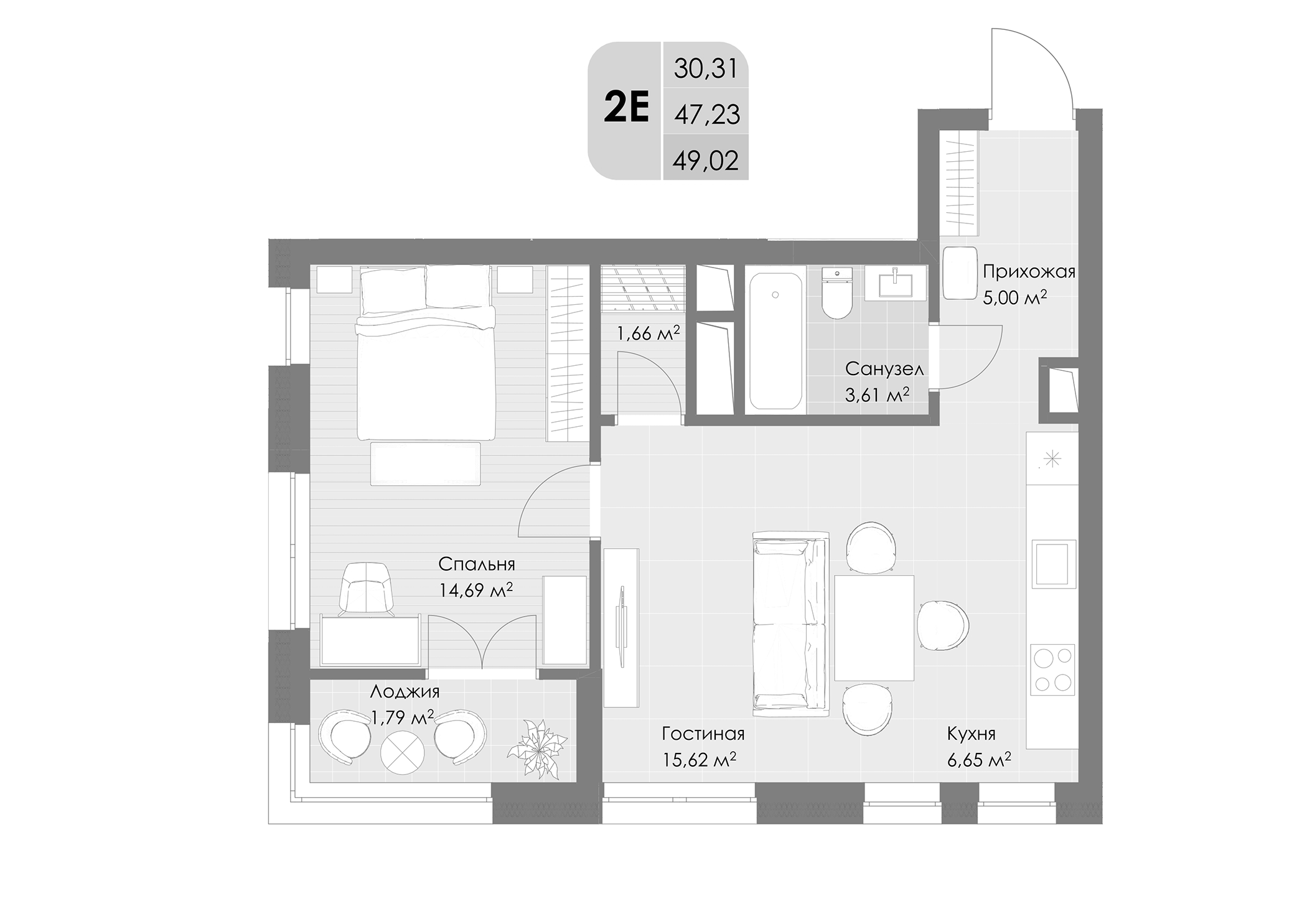 2-комн., 47.23 м², 13/30 этаж, ЖК «Дюна»