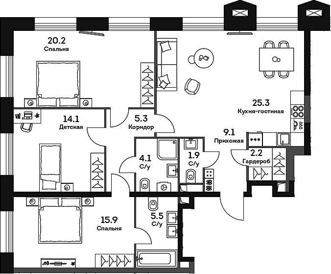 4+ комнаты, 103.6 м², 19/32 этаж, ЖК «ЭРА»