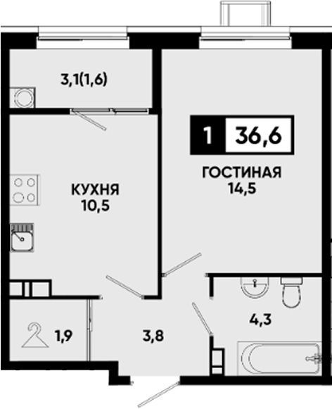 1-комн., 35 м², 2/9 этаж, ЖК «Квартал на курорте Моя Легенда»