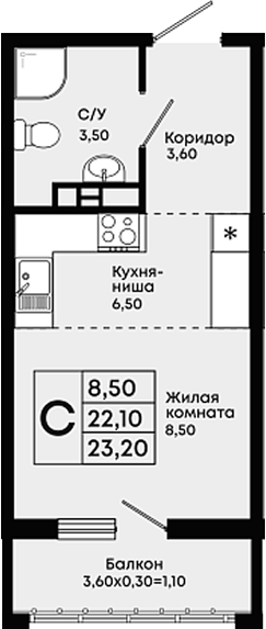 Студия, 22.1 м², 10/18 этаж, ЖК «Премьер»