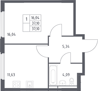 1-комн., 37.1 м², 13/16 этаж, ЖК «Космический Квартал»