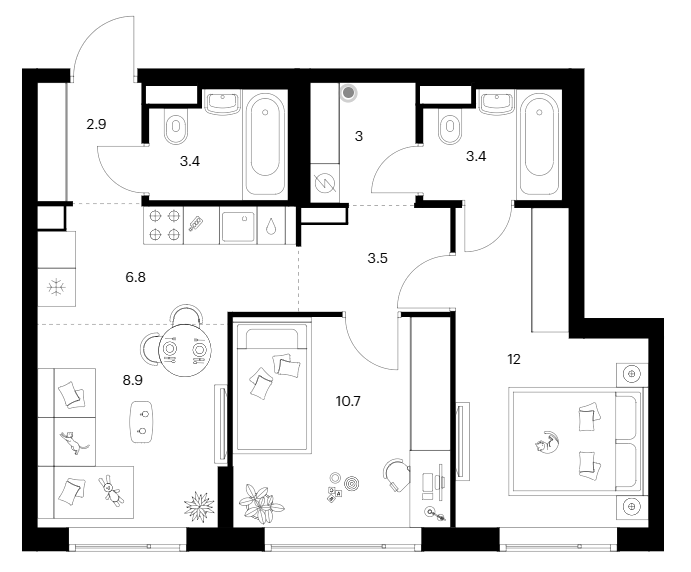2-комн., 54.6 м², 20/20 этаж, ЖК «2-й Иртышский»