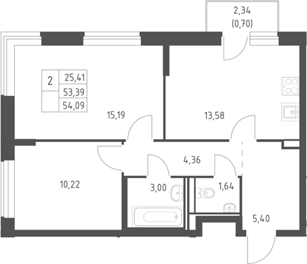 2-комн., 53.39 м², 4/17 этаж, ЖК «Горки Парк»