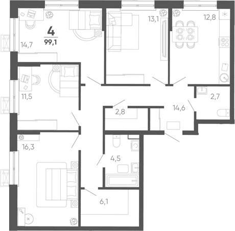 4-комн. квартира, 99.1 м² в ЖК Барса — фото 2