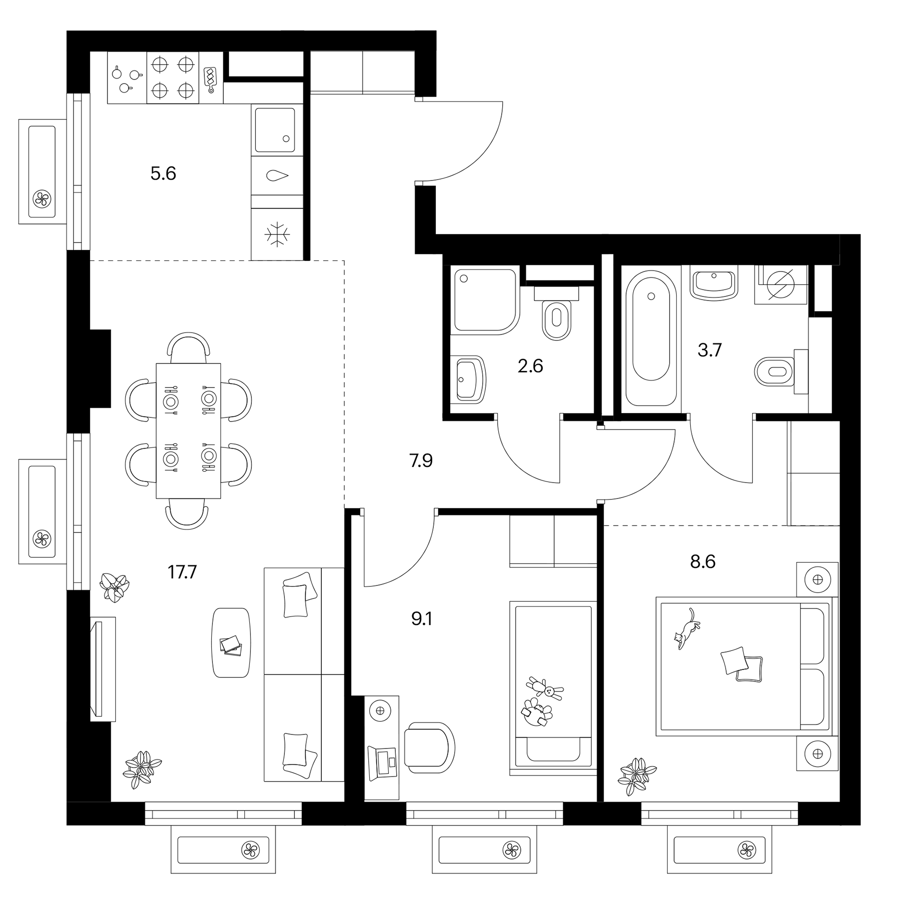 3-комн., 58.5 м², 15/25 этаж, ЖК «Белая Дача парк»