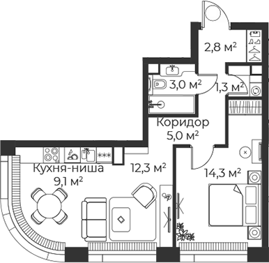 2-комн., 47.9 м², 36/38 этаж, ЖК «Веер»